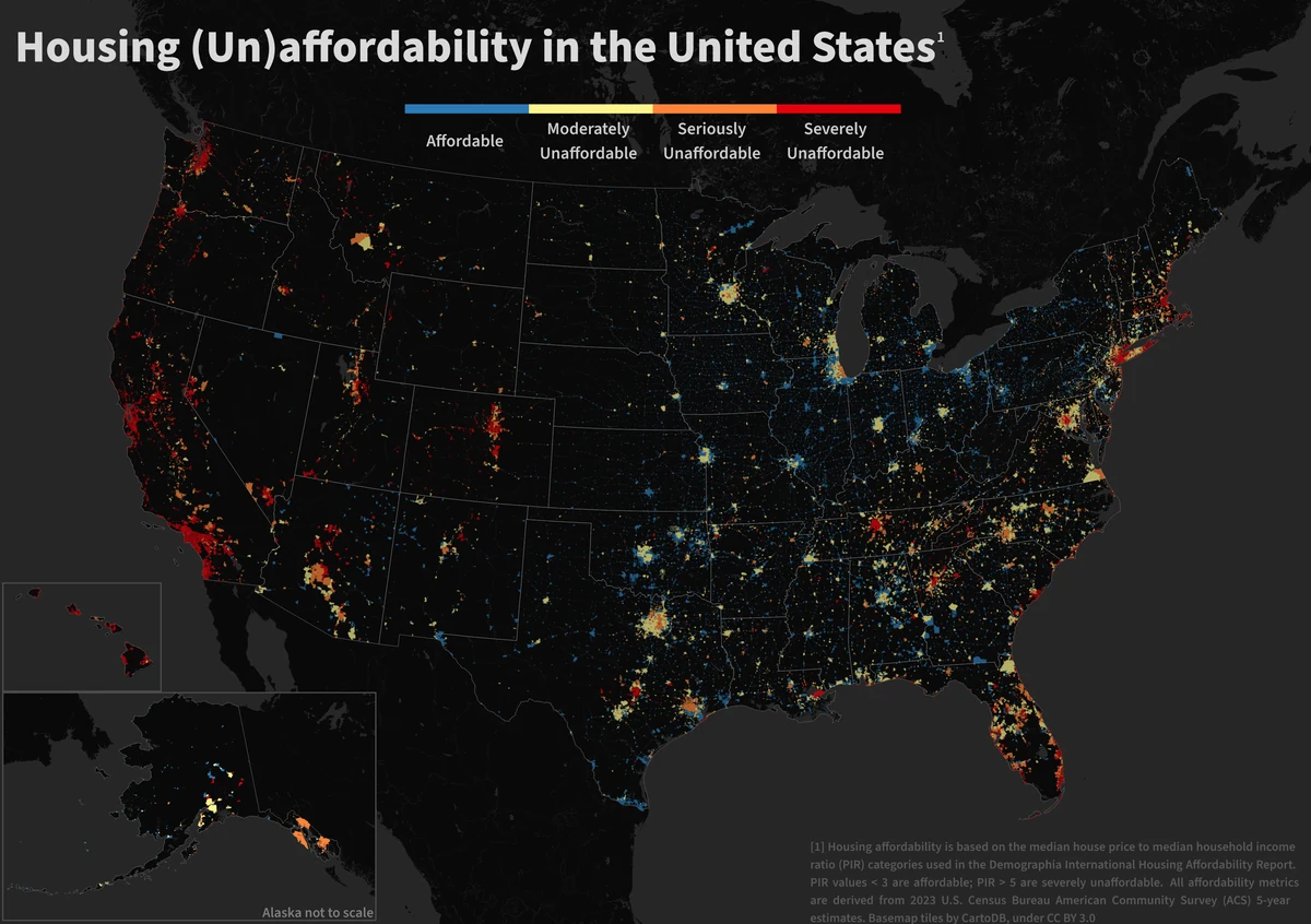 Map showing housing affordability in the USA