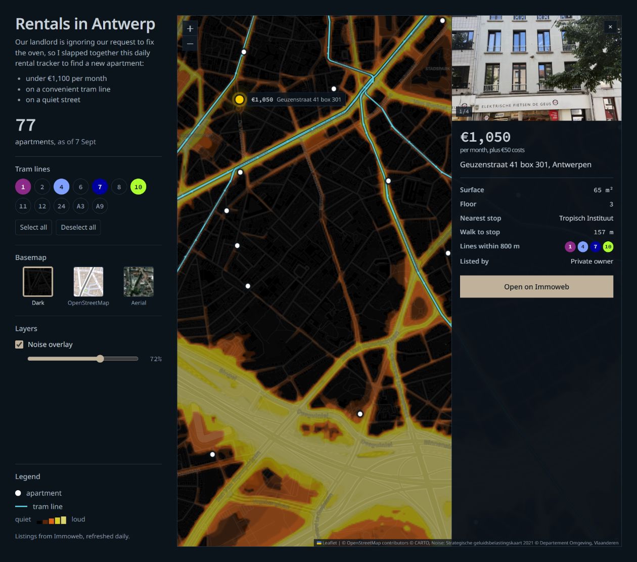 Daily Rental Tracker showing Antwerp apartments, tram lines, and the road noise overlay