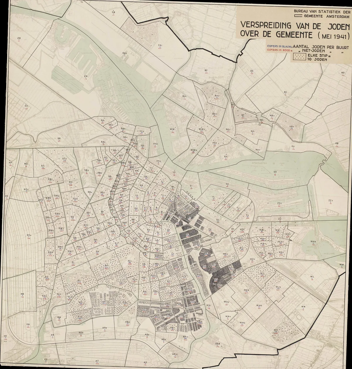 The 1941 Amsterdam stippenkaart showing the distribution of Jewish residents across the city