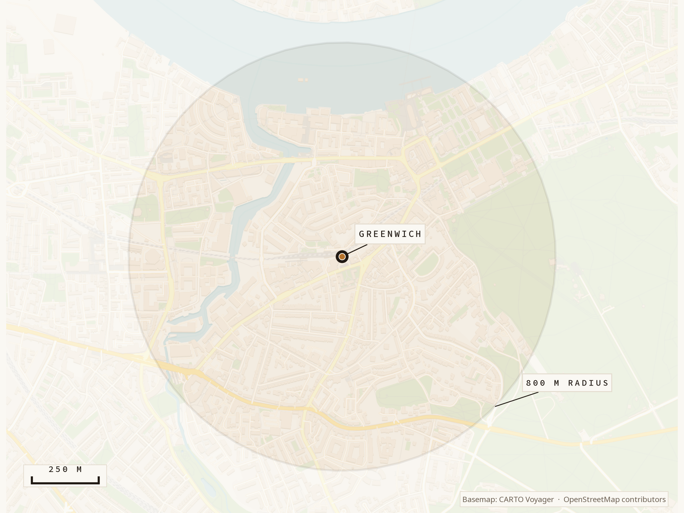 Map of an 800-metre walkshed around Greenwich station