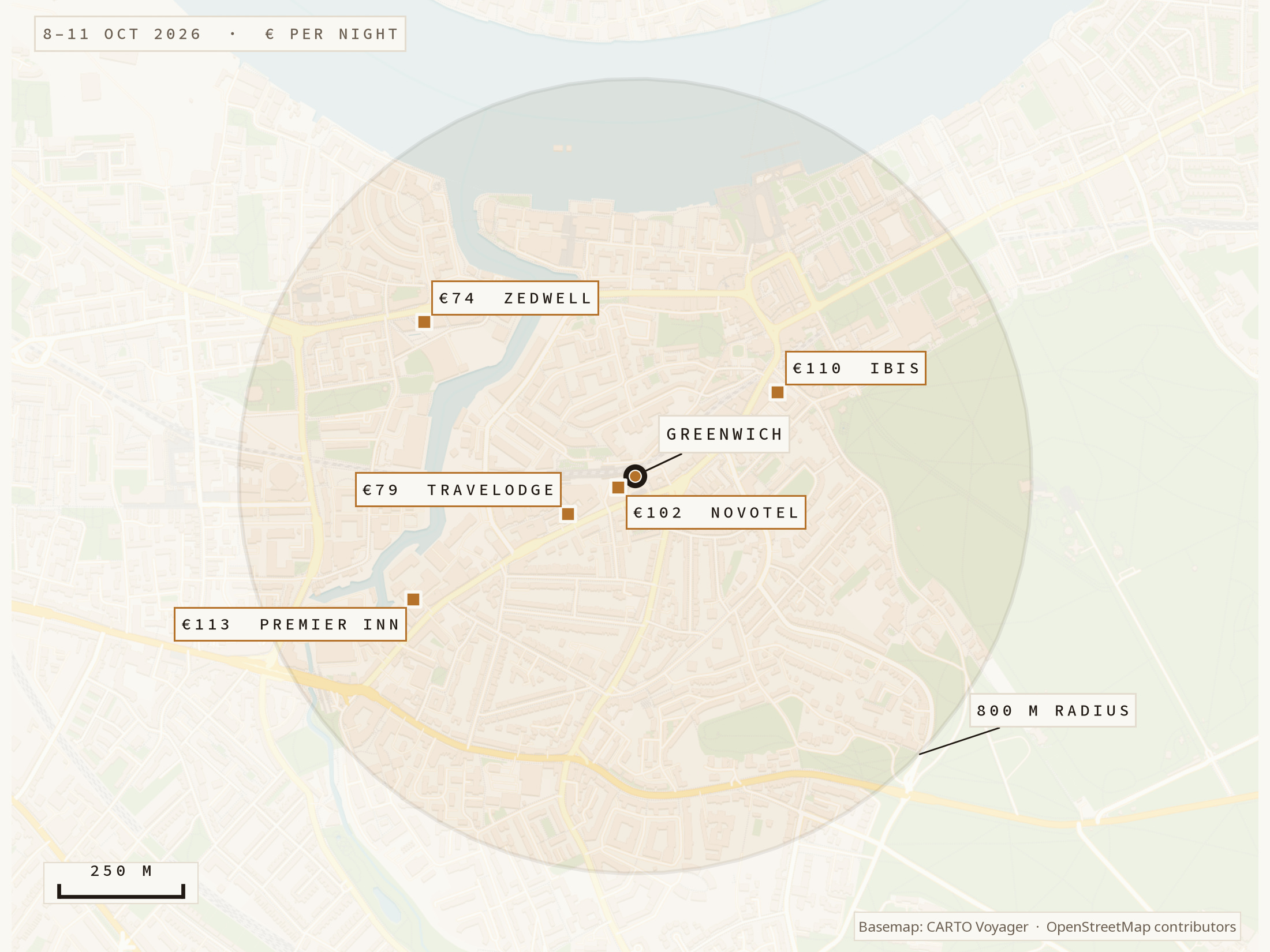Map of hotels and nightly prices inside the Greenwich station walkshed
