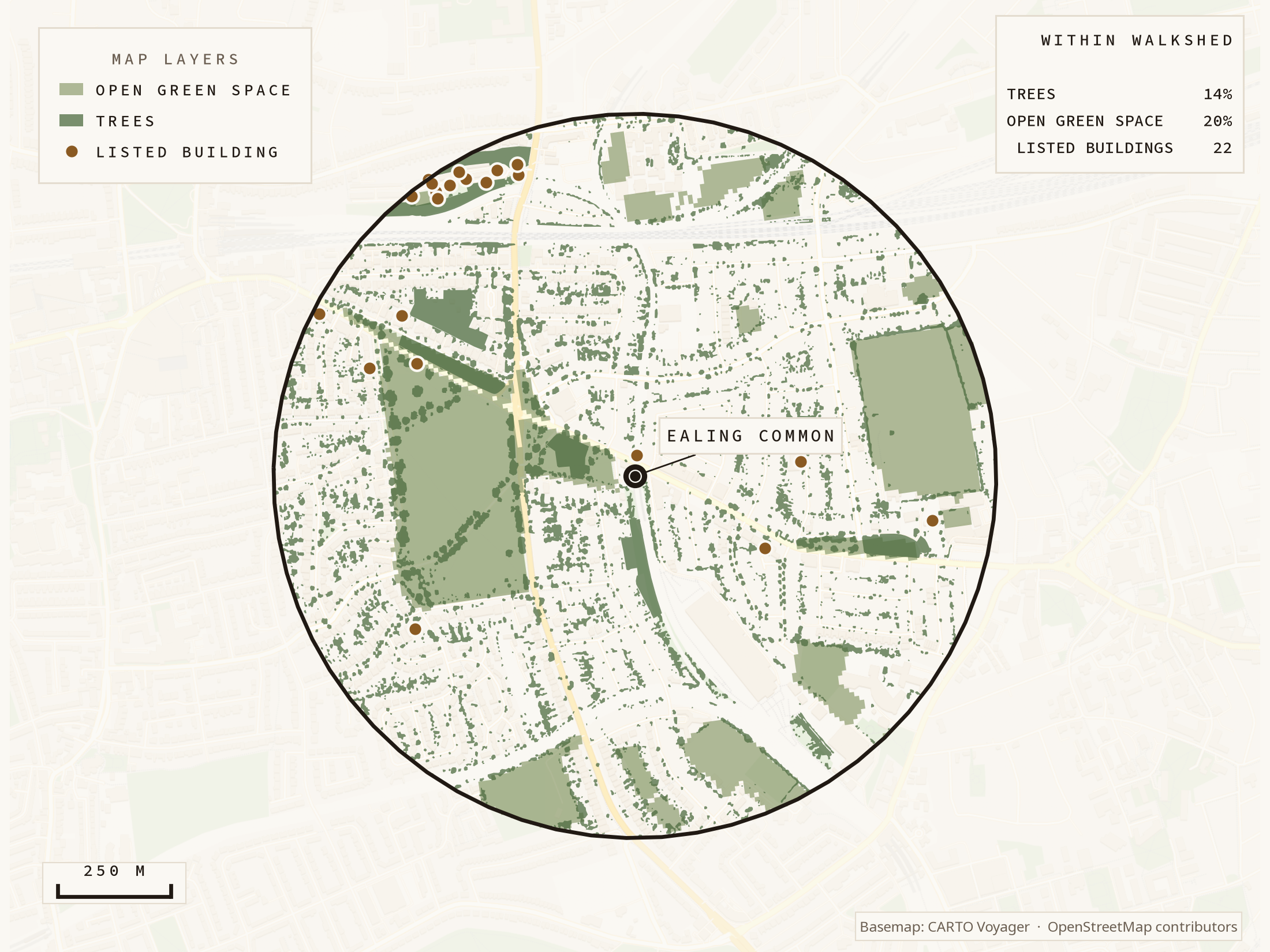 Map of trees, open green space, and listed buildings in one station walkshed