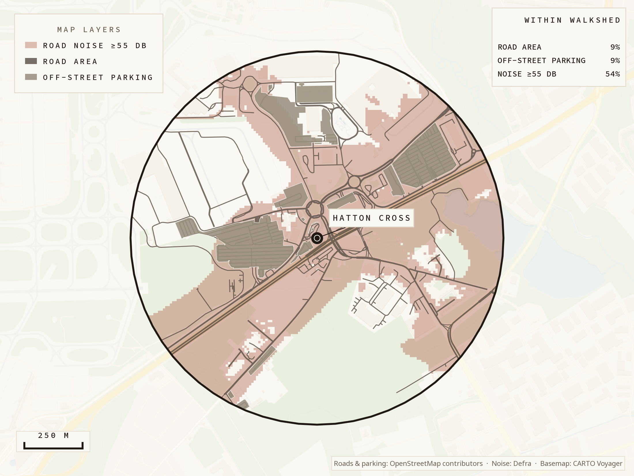 Map of roads, parking, and road noise in one station walkshed
