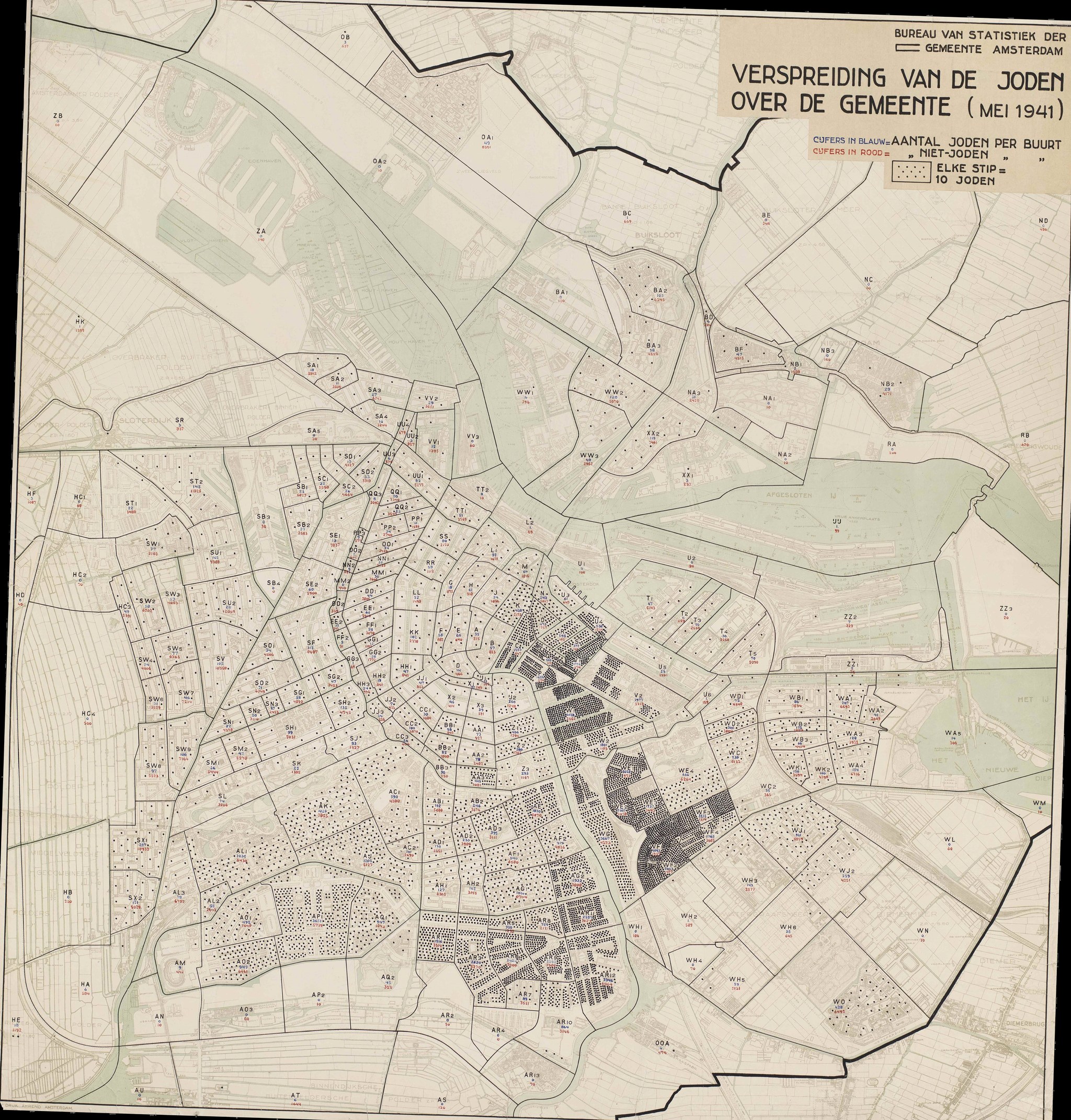 The 1941 Amsterdam stippenkaart showing the distribution of Jewish residents across the city